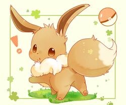  ! blush brown_fur commentary eevee full_body grass looking_at_viewer looking_back no_humans poke_ball poke_ball_(basic) pokemon pokemon_(creature) solo tail ushiina 