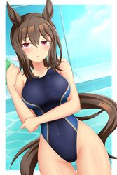  admire_vega_(umamusume) animal_ears blue_one-piece_swimsuit breasts brown_hair chain-link_fence commentary_request competition_swimsuit cowboy_shot dutch_angle female fence gurukorian highleg highleg_swimsuit highres horse_ears horse_girl horse_tail long_hair looking_at_viewer one-piece_swimsuit pool poolside purple_eyes solo swimsuit tail umamusume water 