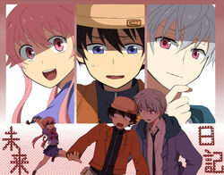  2boys akise_aru amano_yukiteru axe blue_eyes female gasai_yuno grey_hair hand_on_own_chin jacket long_hair mirai_nikki multiple_boys nanananona necktie open_mouth pink_eyes pink_hair weapon yandere 