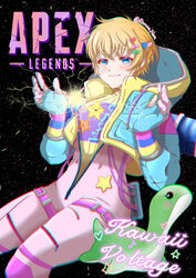  animification apex_legends blue_eyes blue_gloves blue_jacket blush bodysuit breasts copyright_name female gloves heart highres hood hooded_jacket jacket kawaii_voltage_wattson logo medium_breasts nessie_(respawn) pink_bodysuit pink_headwear rarano_neru ribbed_bodysuit short_hair smile solo space star_(symbol) stuffed_toy wattson_(apex_legends) yellow_bodysuit 