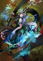  aqua_fire blue_fire bow breasts burning commentary_request cropped_legs dqn_(dqnww) dress ex-keine female fire floating_hair from_side green_dress green_hair hair_between_eyes half-closed_eyes highres horn_bow horn_ornament horns kamishirasawa_keine large_breasts long_hair looking_back multicolored_hair neck_ribbon open_mouth petticoat puffy_short_sleeves puffy_sleeves red_bow red_eyes red_ribbon ribbon scroll short_sleeves sidelocks solo touhou two-tone_hair white_hair yellow_background 