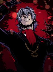  1boy antonio_salieri_(fate) antonio_salieri_(second_ascension)_(fate) black_gloves fate/grand_order fate_(series) formal gloves grey_hair hair_between_eyes jewelry long_hair long_sleeves looking_at_viewer male_focus red_eyes ryuuki_garyuu scarf simple_background smile solo suit 