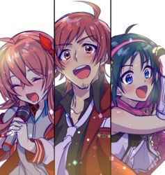  1boy 2girls ahoge black_hair blue_eyes commentary_request facial_hair goatee idol idol_clothes idolmaster idolmaster_cinderella_girls idolmaster_shiny_colors idolmaster_side-m komiya_kaho long_hair multiple_girls music nanjo_hikaru red_hair shir0t0m singing smile starting_brighty_(idolmaster) sweat tendo_teru trait_connection 