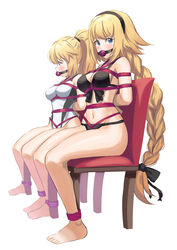  2girls absurdres arms_behind_back ball_gag barefoot bikini black_bikini black_hairband blonde_hair blue_eyes bondage bondage bondage bound bound_arms bound_legs braid breast_bondage breasts cailin020 chair commentary commission competition_swimsuit dual_persona english_commentary fate/grand_order fate_(series) front-tie_bikini_top front-tie_top gag gagged hairband highleg highleg_swimsuit highres jeanne_d&#039;arc_(fate) jeanne_d&#039;arc_(swimsuit_archer)_(fate) jeanne_d&#039;arc_(swimsuit_archer)_(first_ascension)_(fate) long_braid long_hair medium_breasts multiple_girls one-piece_swimsuit ponytail red_rope rope shibari_over_clothes single_braid sitting swimsuit very_long_hair white_one-piece_swimsuit wiffle_gag 