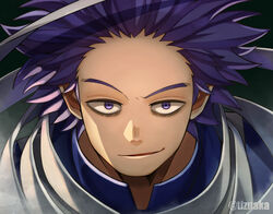  1boy bad_id bad_pixiv_id bags_under_eyes boku_no_hero_academia close-up dark_background drop_shadow forehead high_collar highres male_focus messy_hair portrait purple_eyes purple_hair raised_eyebrow scarf shinsou_hitoshi short_hair smirk solo spiked_hair straight-on strap tonbanlove twitter_username uniform v-shaped_eyebrows 