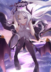  :o ahoge black_coat black_footwear black_shorts black_thighhighs blue_archive breasts center_frills coat coat_on_shoulders collared_shirt female frills grey_hair hair_ornament hairclip halo hand_in_own_hair highres hina_(blue_archive) hojiro_same horns long_hair low_wings purple_eyes shirt shoes short_shorts shorts sideboob sleeveless sleeveless_shirt small_breasts solo thighhighs very_long_hair wings 