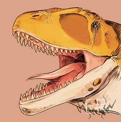  ambiguous_gender artist_logo carcharodontosaurid carcharodontosaurus dinosaur extinct eye_scar facial_scar feral glistening glistening_eyes imperatorcaesar logo male_(lore) marcosaurus_(imperatorcaesar) open_mouth orange_body pink_background pink_tongue prehistoric_species reptile scalie scar sharp_teeth simple_background solo teeth theropod tongue white_body 