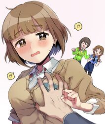  !? 1boy 3girls blush bob_cut braid breasts brown_hair cardigan cuffs grabbing grabbing_another&#039;s_breast green_jacket handcuffs highres idolmaster idolmaster_cinderella_girls jacket katagiri_sanae kitami_yuzu multiple_girls necktie police police_uniform pov producer_(idolmaster) school_uniform senkawa_chihiro shirt spoken_interrobang straight uniform white_shirt yuzuhota0313 