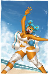  activision anthro bandage bandicoot beach bikini blue_eyes bracelet clothing crash_(series) crash_team_racing_(series) crash_team_racing_nitro-fueled female fur green_eyes hi_res iamoddabellatay jewelry mammal marsupial megumi_bandicoot necklace orange_body orange_fur sea seaside solo swimwear water wave 