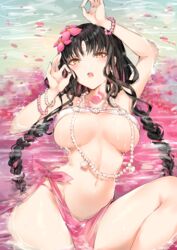  absurdres bare_shoulders bikini black_hair blush bracelet braid breasts chest_tattoo cleavage commentary facial_mark fate/grand_order fate_(series) female flower forehead_mark hair_flower hair_ornament highres jewelry large_breasts long_hair looking_at_viewer lying mudra multicolored_hair navel necklace on_back parted_bangs pearl_bracelet pearl_necklace pink_hair sarong sessyoin_kiara sessyoin_kiara_(swimsuit_mooncancer) sessyoin_kiara_(swimsuit_mooncancer)_(first_ascension) shell shell_necklace solo streaked_hair swimsuit tattoo thighs twin_braids very_long_hair vitarka_mudra white_bikini yellow_eyes yukineko1018 