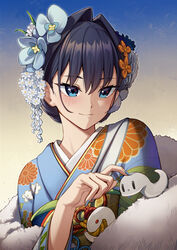  absurdres animal blue_eyes blue_hair blue_kimono blue_nails blush boros_(ouro_kronii) closed_mouth commentary erezu female floral_print flower fur hair_bun hair_flower hair_intakes hair_ornament highres hololive hololive_english japanese_clothes kanzashi kimono obi official_alternate_costume ouro_kronii ouro_kronii_(new_year) petting sash short_hair single_hair_bun smile snake solo upper_body virtual_youtuber white_snake |_| 