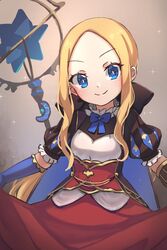  abigail_williams_(fate) blonde_hair blue_eyes blue_gloves breasts cosplay dress fate/grand_order fate_(series) female forehead gauntlets gloves highres leonardo_da_vinci_(fate) leonardo_da_vinci_(rider)_(fate) leonardo_da_vinci_(rider)_(fate)_(cosplay) long_hair miya_(miyaruta) parted_bangs print_sleeves puff_and_slash_sleeves puffy_short_sleeves puffy_sleeves short_sleeves single_gauntlet small_breasts smile solo star_(symbol) star_print 