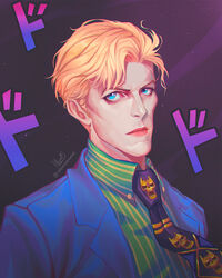  1boy al_santos animification blonde_hair blue_eyes blue_jacket cheekbones collared_shirt commentary cosplay david_bowie diamond_wa_kudakenai dodododo english_commentary eyebrows formal green_shirt highres instagram_username jacket jojo_no_kimyou_na_bouken kira_yoshikage kira_yoshikage_(cosplay) lips looking_at_viewer male_focus necktie pale_skin pinstripe_pattern pinstripe_shirt portrait print_necktie purple_necktie purple_suit real_life serious shirt signature solo sound_effects striped_clothes striped_shirt suit upper_body vertical_stripes 