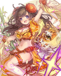  blush breasts brown_hair choker cleavage earrings fate/grand_order fate_(series) female flower grey_eyes hair_flower hair_ornament haku_(sabosoda) highres hoop_earrings jewelry large_breasts long_hair long_skirt looking_at_viewer mata_hari_(fate) navel open_mouth orange_skirt puffy_short_sleeves puffy_sleeves short_sleeves skirt smile solo thighs tiger 