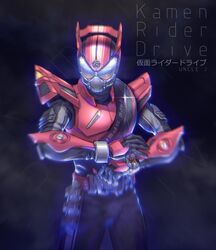  1boy abs adjusting_clothes adjusting_gloves armor belt belt-san blurry blurry_foreground character_name commentary compound_eyes drive_driver gloves highres kamen_rider kamen_rider_drive kamen_rider_drive_(series) male_focus red_armor red_belt red_theme rider_belt shift_brace shift_car signature tire type_speed upper_body white_eyes woxiljj 