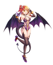  absurdres ahoge arm_up bare_shoulders black_thighhighs bow breasts brown_gloves cleavage demon_girl demon_tail demon_wings elbow_gloves epic_seven female full_body gloves hairbow hand_up high_heels highres large_breasts leg_up leotard looking_at_viewer necoring862 open_mouth orange_hair purple_footwear revealing_clothes short_hair simple_background solo tail tamarinne_(epic_seven) thighhighs thighs w white_background wings yellow_eyes 