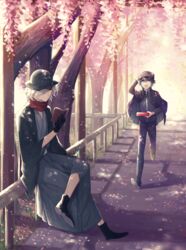  2boys black_eyes black_hair book cherry_blossoms cloak crossed_legs edmond_dantes_(fate) fate/grand_order fate_(series) fence fujimaru_ritsuka_(male) grey_hair hair_over_one_eye hat highres holding holding_book japanese_clothes kimono male_focus multiple_boys open_mouth petals pixiv_fate/grand_order_contest_1 reading road running scarf school_uniform shadow short_hair smile spring_(season) street taishou tree tuze111 uniform yellow_eyes 