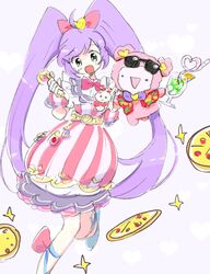  ahoge blush bow commentary cup dress drinking_straw eyewear_on_head female food green_eyes hairbow heart kuma_(pripara) long_hair manaka_laala mokeo open_mouth pink_bow pizza pretty_series pripara purple_background purple_hair rabbit simple_background sparkle striped_clothes striped_dress sunglasses twintails 