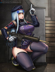  assault_rifle bad_id bad_pixiv_id beret black_thighhighs blue_hair blunt_bangs breasts chinese_commentary commentary_request covered_nipples facial_mark female girls&#039;_frontline green_eyes gun h&amp;k_hk416 hair_ornament hat heart high_heels hk416_(girls&#039;_frontline) holding holding_gun holding_weapon jacket long_hair looking_at_viewer mixed-language_commentary niur on_one_knee open_mouth pleated_skirt rifle skirt solo stairs teeth thighhighs weapon 