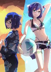  a-chan_(hololive) alternate_costume arm_up armpits ball beachball bikini bikini_under_clothes black-framed_eyewear black_shorts blue_eyes blue_hair blue_kimono bow bracelet breasts closed_mouth commentary crop_top feet_out_of_frame female floral_print from_side glasses hairbow halterneck highres hololive hololive_summer_2023_swimsuit japanese_clothes jewelry kimono kinchaku logo looking_at_viewer multiple_views navel open_fly open_mouth pouch short_hair short_shorts shorts small_breasts smile standing stomach striped_bikini striped_clothes swimsuit thigh_strap virtual_youtuber white_bow wristband yami_ara yukata 