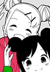  2girls :d ^_^ alternate_hairstyle arm_up black_hair closed_eyes commentary_request double_bun facing_viewer grey_background hair_bun hair_ornament hairclip happy highres hitori_bocchi hitoribocchi_no_marumaru_seikatsu katsuwo_(cr66g) looking_at_viewer matching_hairstyle multiple_girls open_mouth outline partially_colored simple_background smile sotoka_rakita upper_body white_outline 