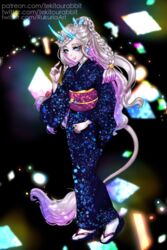  2:3 anime_eyes asian_clothing asian_mythology chinese_mythology clothing dragon east_asian_clothing east_asian_mythology female hair humanoid japanese_clothing kimono kirin monster_girl_(genre) mythological_creature mythological_scalie mythology scalie solo tekitourabbit_(artist) theoria_(character) 