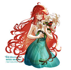  absurdres artist_name bare_shoulders commentary commission cowboy_shot crossed_bangs curly_hair dress english_text female flower green_dress hair_between_eyes hanamiya_unagi highres holding holding_flower indie_virtual_youtuber light_blush lily_(flower) long_hair looking_at_viewer origami red_eyes red_hair see-through see-through_dress simple_background skeb_commission skirt solo sugomori_tsuru_(hana_tsuru_wo) thigh_strap very_long_hair virtual_youtuber white_background white_skirt 