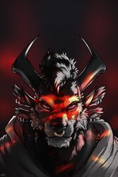  2:3 4_ears absurd_res anthro bust_portrait charr digital_media_(artwork) dramatic_lighting ear_piercing facial_piercing felid fur greyscale guild_wars hair hi_res horn looking_at_viewer male mammal monochrome multi_ear nose_piercing nose_ring piercing portrait ring_piercing simple_background solo vae_(character) vateo 