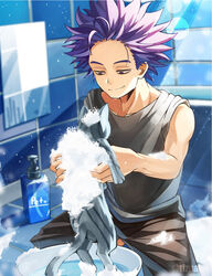  1boy adam&#039;s_apple animal bad_id bad_pixiv_id bags_under_eyes bare_arms barefoot bathing bathroom black_pants blurry bokeh boku_no_hero_academia closed_mouth collarbone day depth_of_field feline forehead full_body grey_shirt kneeling light_particles light_rays looking_at_animal male_focus messy_hair mirror mirrored_text pants purple_eyes purple_hair shinsou_hitoshi shirt short_hair sleeves_rolled_up smile soap soap_bottle solo_focus spiked_hair steam sunlight t-shirt tile_floor tile_wall tiles tonbanlove twitter_username washing_animal window 