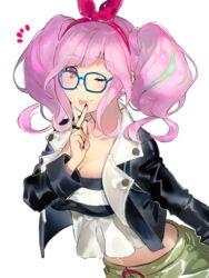  ;p aisutabetao black_jacket black_nails blue-framed_eyewear bow breasts cleavage commentary_request female glasses hairband hairbow jacket large_breasts leaning_forward long_hair long_sleeves looking_at_viewer macross macross_delta makina_nakajima midriff multicolored_hair nail_polish navel one_eye_closed open_clothes open_jacket pink_hair red_bow red_eyes red_hairband shirt simple_background solo standing stomach streaked_hair tongue tongue_out white_background 