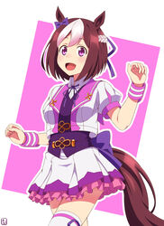  :d absurdres animal_ears artist_name back_bow bow brown_hair collared_shirt commentary cowboy_shot ear_ribbon female frilled_skirt frills hachimaki headband highres horse_ears horse_girl horse_tail jacket kyoukyan looking_at_viewer miniskirt multicolored_hair neck_ribbon open_mouth outline pleated_skirt purple_background purple_bow purple_eyes purple_ribbon purple_vest ribbon shirt short_hair short_sleeves signature skirt smile solo special_week_(umamusume) standing tail thighhighs two-tone_hair umamusume vest white_hair white_headband white_jacket white_outline white_shirt white_skirt white_thighhighs wing_collar wristband 