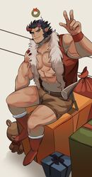  1boy abs bara bear belt biceps black_hair blush brk_603 broken_horn christmas commentary_request demon_boy demon_horns facial_hair fiery_horns full_body gift highres horns korean_commentary large_pectorals long_sideburns looking_at_viewer male_focus muscular muscular_male oerba_yun_fang open_clothes open_shirt pectorals santa_costume scar short_hair shorts sideburns simple_background sitting smile solo stubble takemaru_(housamo) teeth tokyo_afterschool_summoners veins 