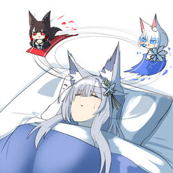  3girls akagi_(azur_lane) akaoni_(zumt3548) animal_ear_fluff animal_ears azur_lane black_kimono blanket blue_eyes breasts brown_hair brown_tail chibi eyeliner fox_ears fox_girl fox_tail futon japanese_clothes kaga_(azur_lane) kaga_(white_fox&#039;s_new_year)_(azur_lane) kimono kitsune kyuubi large_breasts makeup multiple_girls multiple_tails pillow red_eyes shinano_(azur_lane) sleeping tail under_covers white_hair white_kimono white_tail 