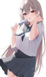  :o black_neckerchief black_sailor_collar black_skirt blush breasts cowboy_shot female food grey_hair hair_between_eyes hair_ornament hairclip hand_in_own_hair holding holding_food holding_popsicle kamu_(geeenius) legs_together long_hair looking_at_viewer medium_breasts neckerchief open_mouth original pleated_skirt popsicle raised_eyebrows red_eyes sailor_collar school_uniform serafuku shirt short_sleeves sidelocks simple_background skirt solo straight_hair thighs very_long_hair white_background white_shirt x_hair_ornament yami-chan_(kamu_(geeenius)) 