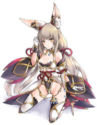  absurdres animal_ears bare_shoulders breasts chest_jewel detached_sleeves female full_body gloves grey_hair highleg highleg_leotard highres kneeling leglus leotard long_hair looking_at_viewer low_twintails nia_(blade)_(xenoblade) nia_(xenoblade) simple_background small_breasts solo spoilers thighhighs twintails very_long_hair white_background white_gloves xenoblade_chronicles_(series) xenoblade_chronicles_2 yellow_eyes 