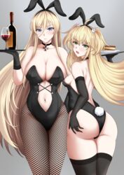  2girls absurdres admiral_hipper_(azur_lane) adone_(pluemza021) alternate_costume animal_ears ass azur_lane bare_shoulders bismarck_(azur_lane) black_choker black_gloves black_leotard black_thighhighs blonde_hair blue_eyes bottle breasts cake choker cleavage clothing_cutout collarbone cross cup drinking_glass elbow_gloves fake_animal_ears fishnet_pantyhose fishnets food gloves green_eyes highres holding holding_tray iron_cross large_breasts leotard long_hair looking_at_viewer looking_back multiple_girls navel_cutout open_mouth pantyhose playboy_bunny rabbit_ears rabbit_tail short_hair tail thighhighs thighs tray wine_bottle wine_glass wrist_cuffs 