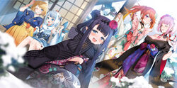  5girls black_gloves black_kimono blonde_hair bloop_(gawr_gura) blue_eyes blue_hair blue_kimono blunt_bangs blurry blurry_foreground blush bow braid braided_bun breasts cleavage closed_eyes commentary double_bun dutch_angle earrings ebi-chan_(gawr_gura) english_commentary enpera fins fish_tail flower fox_mask gawr_gura gawr_gura_(new_year) gloves hair_bun hair_flower hair_ornament hakama hakama_skirt half_gloves headpiece highres holding holding_mask hololive hololive_english holomyth japanese_clothes jewelry kikkoumon kimono kurot large_breasts long_hair looking_at_viewer mask mole mole_under_eye mori_calliope mori_calliope_(new_year) multicolored_hair multiple_girls ninomae_ina&#039;nis ninomae_ina&#039;nis_(new_year) off_shoulder official_alternate_costume one_eye_closed open_mouth orange_hair outdoors pink_bow pink_hair pointy_ears purple_eyes purple_hair purple_kimono purple_nails red_flower scarf shark_tail short_hair short_kimono sitting skirt sleeveless sleeveless_kimono smile snow squatting streaked_hair striped_clothes striped_scarf tail takanashi_kiara takanashi_kiara_(new_year) takodachi_(ninomae_ina&#039;nis) twintails virtual_youtuber watson_amelia watson_amelia_(new_year) white_flower wide_sleeves winter yukata 