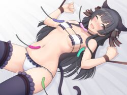  alfort_(may0508) bikini black_hair blunt_bangs bound bound_wrists breasts covered_nipples female frilled_bikini frilled_thighhighs frills groin hair_ornament hairclip highres idolmaster idolmaster_shiny_colors long_hair looking_at_viewer mayuzumi_fuyuko medium_breasts navel one_eye_closed open_mouth purple_thighhighs restrained smile solo strapless strapless_bikini sweat swimsuit tears thighhighs tickle_torture tickling tickling_armpits tickling_breasts tickling_legs tickling_neck tickling_stomach two_side_up wavy_mouth white_bikini 