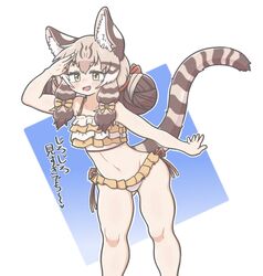  alternate_costume alternate_hairstyle animal_ear_fluff animal_ears arm_up bikini blush bow brown_hair cat_ears cat_girl cat_tail commentary double_bun feet_out_of_frame female frilled_bikini frills geoffroy&#039;s_cat_(kemono_friends) green_eyes hair_bun hairbow hand_to_forehead hand_to_head highres kemono_friends light_brown_hair long_hair looking_afar multicolored_hair navel oerba_yun_fang open_mouth outstretched_arm shading_eyes simple_background smile solo standing stomach swimsuit tail tamurambo white_background white_hair 