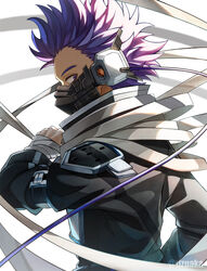  1boy armband audio_jack bad_id bad_pixiv_id bags_under_eyes blurry boku_no_hero_academia depth_of_field drop_shadow forehead from_behind head_down holding holding_weapon jumpsuit looking_at_viewer looking_back male_focus mask messy_hair mouth_mask purple_eyes purple_hair scarf shadow shinsou_hitoshi short_hair shoulder_pads sideways_glance solo spiked_hair strap tonbanlove twitter_username upper_body weapon white_background 