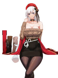  absurdres aran_sweater azur_lane bare_shoulders belfast_(azur_lane) belfast_(shopping_with_the_head_maid)_(azur_lane) beret black_bow black_choker black_skirt bow breasts brown_pantyhose brown_sweater cable_knit choker cleavage collarbone commentary_request earrings feet_out_of_frame female h0shiidesu hairbow hand_up hat highres jewelry large_breasts long_hair long_sleeves looking_at_viewer off-shoulder_sweater off_shoulder official_alternate_costume paid_reward_available pantyhose pencil_skirt purple_eyes red_hat simple_background skirt smile solo sweater thighs very_long_hair white_background white_hair 