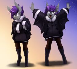  anthro bat_pony boots clothing coat equid fan_character fangs female footwear hasbro hi_res jacket mammal my_little_pony nolegs_(oc) pupils purple_eyes replica_(artist) slit_pupils solo teeth topwear 