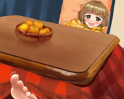  barefoot blush bob_cut brown_hair curtains feet female food fruit highres hood hoodie idolmaster idolmaster_cinderella_girls indoors kitami_yuzu kotatsu musical_note orange_(fruit) short_hair solo table toes yellow_hoodie yuzuhota0313 