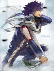  1boy bad_id bad_pixiv_id bags_under_eyes blurry blurry_foreground boku_no_hero_academia debris depth_of_field forehead full_body green_footwear gym_uniform haze highres holding holding_weapon male_focus mask messy_hair mouth_mask on_one_knee purple_eyes purple_hair scarf shadow shinsou_hitoshi shoes short_hair sneakers solo spiked_hair strap tonbanlove twitter_username u.a._gym_uniform weapon wind 