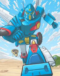  1boy clenched_hand cloud day desert dome glint hover_vehicle jiron_amos landship mecha outdoors sentou_mecha_xabungle spoonyliger xabungle_(mecha) 