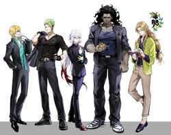  5boys achilles_(fate) alternate_costume animal aqua_shirt asclepius_(fate) bad_id bad_pixiv_id bespectacled black_footwear black_hair black_shirt blonde_hair blue_shirt book brown_pants casual changye chiron_(fate) contemporary crossed_bangs dark-skinned_male dark_skin fate/grand_order fate_(series) feline formal full_body gakuran glasses green_eyes green_jacket hair_between_eyes hair_slicked_back heracles_(fate) holding holding_animal holding_book holding_cat holding_clothes holding_jacket jacket jacket_over_shoulder jason_(fate) loafers long_hair low-tied_long_hair male_focus multiple_boys open_book open_clothes open_collar open_jacket pants pectorals ponytail school_uniform shirt shoes sneakers suit underwear unworn_jacket v-neck wavy_hair 