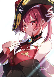  arrow_through_heart ascot bad_id bad_pixiv_id bare_shoulders bicorne black_choker black_coat black_hat blush breasts brooch buttons choker coat cropped_jacket female frilled_choker frilled_shirt_collar frills gold_trim hair_ribbon hat heterochromia highres hololive houshou_marine houshou_marine_(1st_costume) jacket jewelry large_breasts leopon_pon leotard leotard_under_clothes light_rays long_hair looking_at_viewer off_shoulder open_mouth red_ascot red_eyes red_hair red_jacket red_ribbon ribbon see-through see-through_leotard simple_background sleeveless sleeveless_jacket solo sunbeam sunlight twintails virtual_youtuber white_background yellow_eyes 