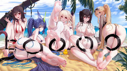  5girls absurdres all_fours anchorage_(azur_lane) anchorage_(dolphins_and_swim_lessons)_(azur_lane) ass azur_lane barefoot beach bikini bismarck_(azur_lane) bismarck_zwei_(azur_lane) bismarck_zwei_(crystal-clear_holiday)_(azur_lane) body_writing breasts chinese_commentary cleavage cloud cloudy_sky commentary_request day eyewear_on_head feet from_behind full_body highres large_breasts legs_up looking_at_viewer manzai_sugar milestone_celebration multiple_girls new_jersey_(azur_lane) new_jersey_(midsummer_leisure)_(azur_lane) official_alternate_costume one-piece_swimsuit outdoors palm_tree royal_fortune_(azur_lane) royal_fortune_(eyes_on_the_prize)_(azur_lane) see-through see-through_sleeves sky soles sunglasses swimsuit swimsuit_cover-up taihou_(azur_lane) taihou_(seaside_daydreams)_(azur_lane) thigh_strap thighhighs thighs toes tree 