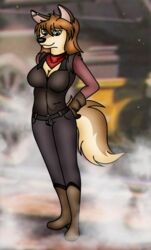  2022 aleu_(balto) anthro balto_(series) black_nose boots bottomwear breasts brown_body brown_fur brown_hair canid canine canis cleavage clothed clothing digital_media_(artwork) domestic_dog ear_piercing female folwilliar footwear full-length_portrait fur gloves hair handwear husky hybrid industrial_piercing kerchief long_hair mammal nordic_sled_dog outside pants piercing portrait shirt solo spitz standing story story_in_description topwear train universal_studios vehicle wolf wolfdog 