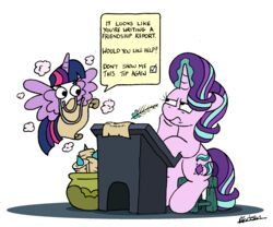  alicorn bobthedalek clippit desk dialogue duo english_text equid equine female friendship_is_magic furniture hasbro hi_res horn loose_feather mammal microsoft microsoft_office my_little_pony mythological_creature mythological_equine mythology paper_clip quill sitting starlight_glimmer_(mlp) stool table text twilight_sparkle_(mlp) unicorn wings 